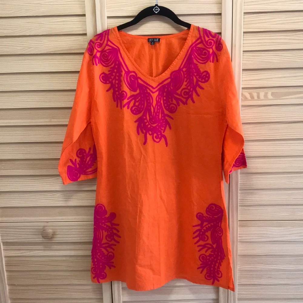 LILY SUE orange cotton dress/ coverup with beautiful fuchsia embroidery size S